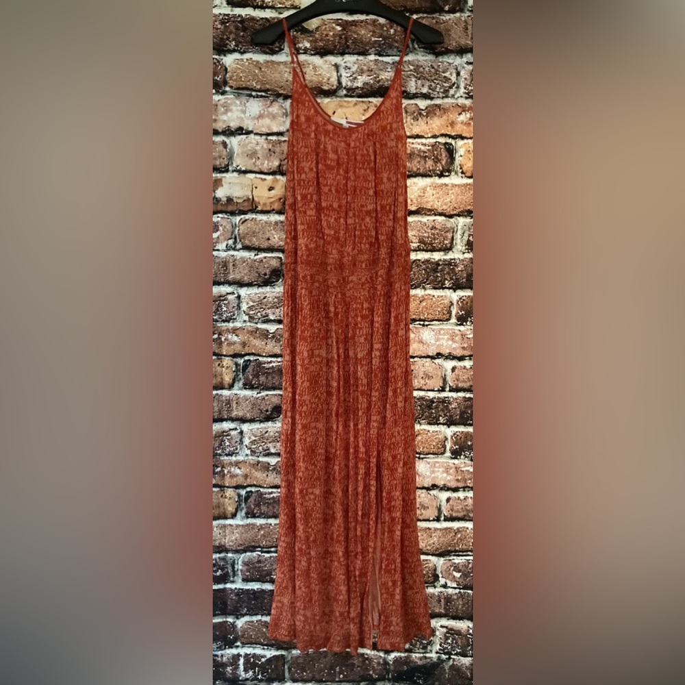 Tracy Reese Orange Front Slit Smocked Waist Spaghetti Strap Maxi Dress Sz Medium
